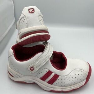𝅺Toddler Stride Rite Sporty Mary Jane Shoes White & Pink Suede Stripes  9.5 Wide